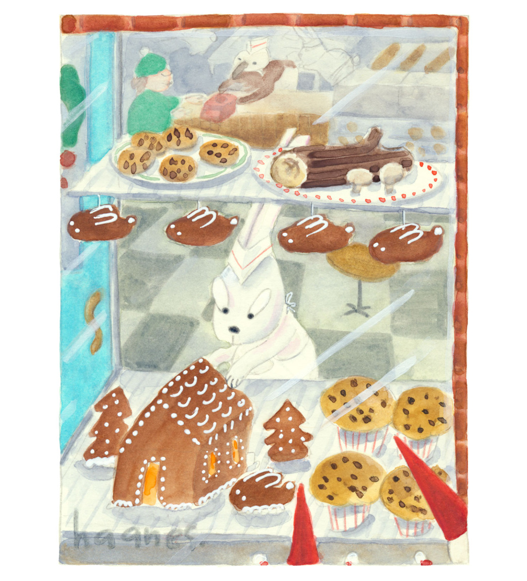 holiday baked goods in window of three bunny bakery Rockydale